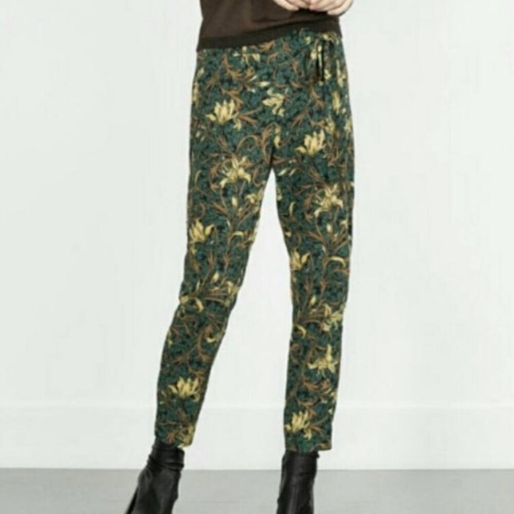 Zara Basic Tropical Leaf Print Side Tie Loose Ankle Trousers Green MEDIUM